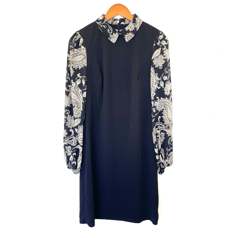 Tommy Hilfiger Shift Dress Size 2 Black Sheer Paisley Sleeves Stretch Preppy